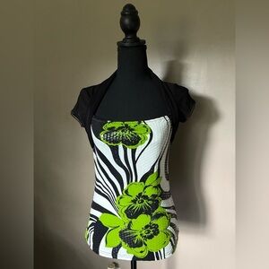 Joseph Ribkoff Y2K vintage sequin shrug Black Green White Sequin floral Top Sz 4